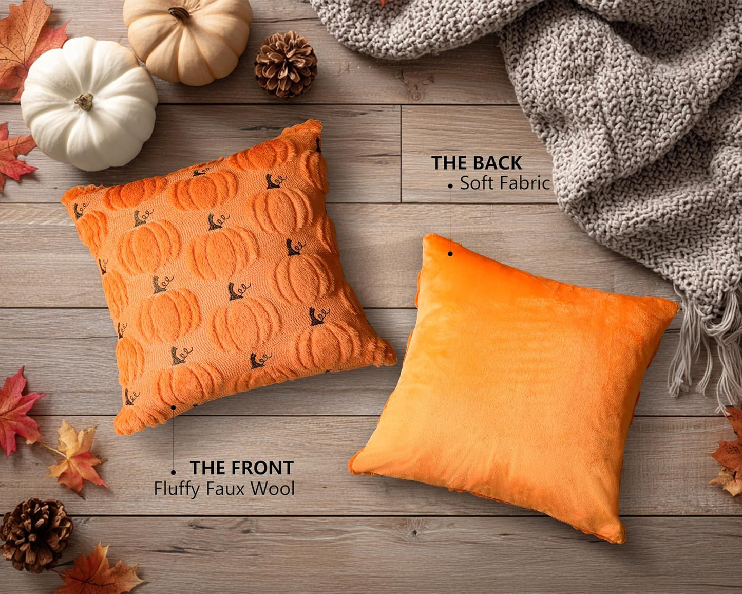 4TH Emotion Fall Pumpkin Decorative Pillow Covers 18x18 Set of 2, Orange Soft Plush Faux Fur Wool Farmhouse Throw Cushion Cases for Autumn Thanksgiving Holiday Home Decorations