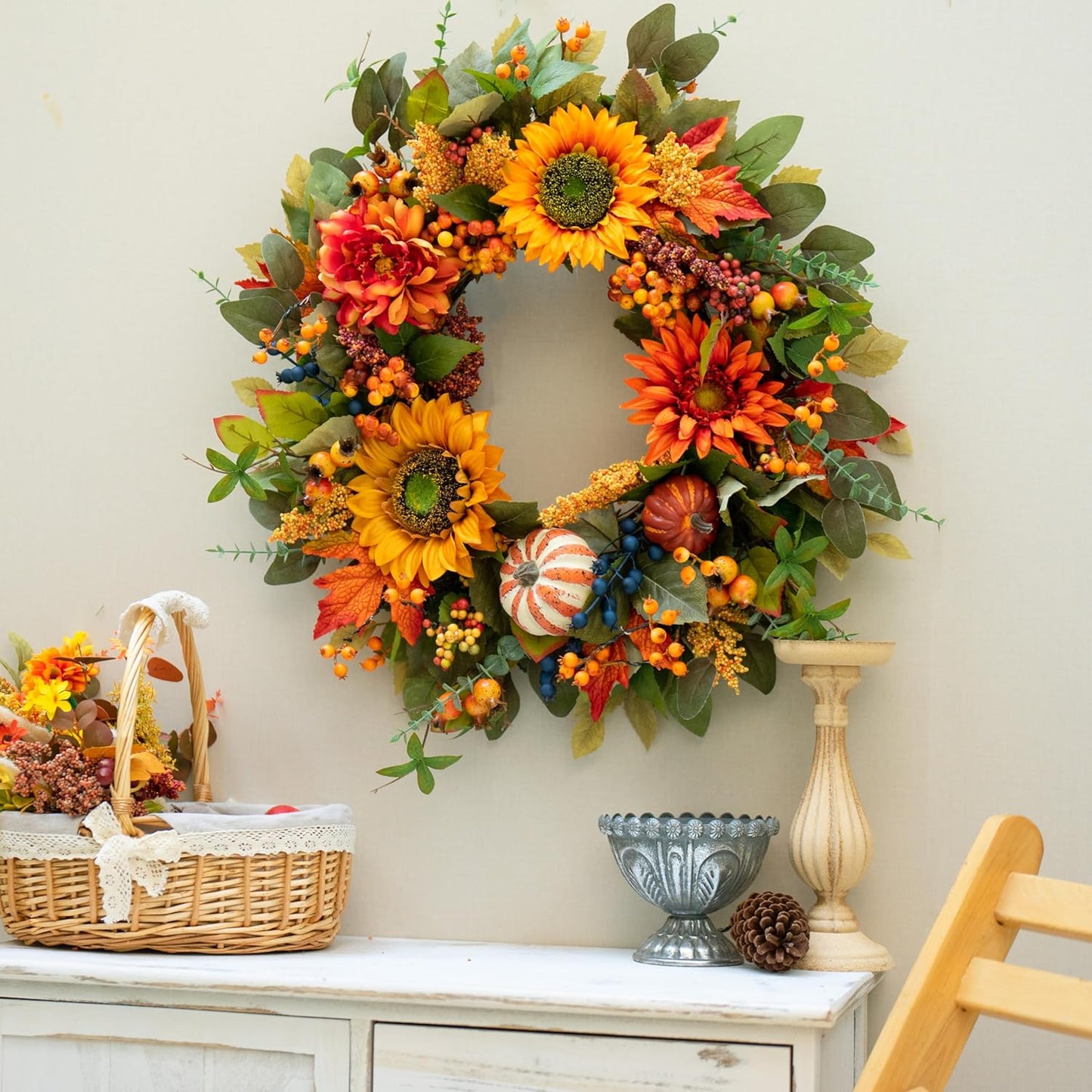 Fall Wreaths for Front Door β 24 Inch Autumn Wreath with Pumpkins, Sunflowers, Berries & Maple Leaves β Fall Door Wreath for Outdoor Thanksgiving, Halloween & Harvest Decor