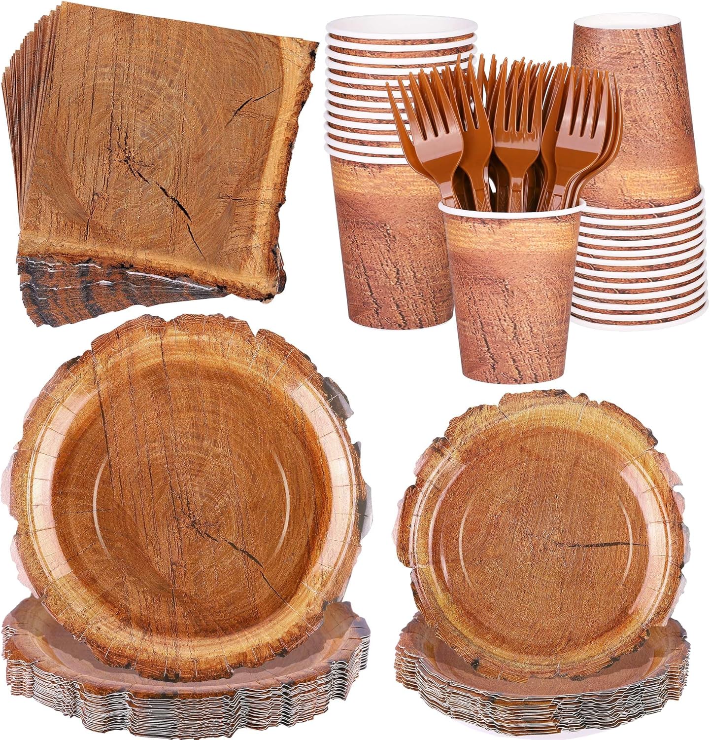 144 Pieces Camping Wood Grain Slice Tableware Sets Rustic Wood Party Decorations Paper Plates Napkins Cups Forks Serves 24 for Forest Themed Party Decorations Hunting Birthday Supplies