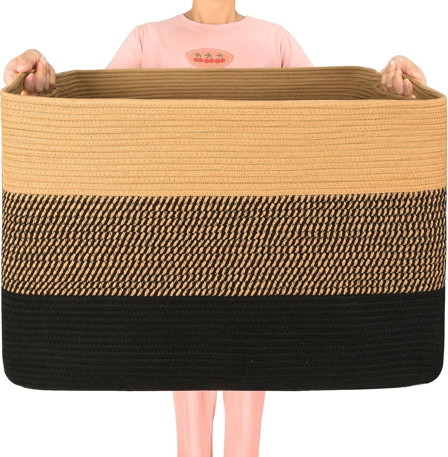 MINTWOOD Design 112L Extra Large Blanket Basket Holder Living Room, 25"x17"x16" Rectangle Rope Woven Storage Basket with Handles for Laundry, Pool Towels, Shoes, Dog Toy Organizer Bin Box, Black Jute