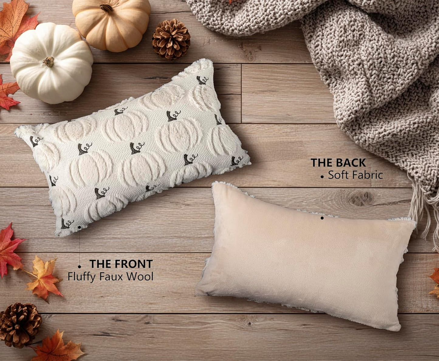 4TH Emotion Fall Pumpkin Decorative Lumbar Pillow Covers 12x20 Set of 2, Beige Soft Plush Faux Fur Wool Farmhouse Throw Cushion Cases for Autumn Thanksgiving Holiday Home Decorations