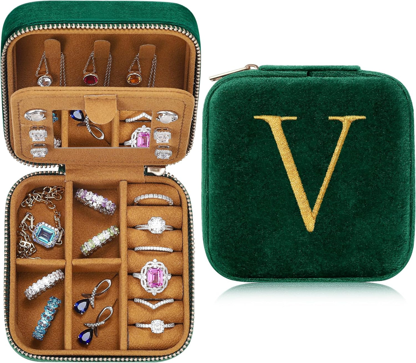 Parima Aunt Gifts - Auntie & Birthday Gifts for Aunt, Plush Velvet Emerald-Green Jewelry Box Travel Case - Letter V, Green