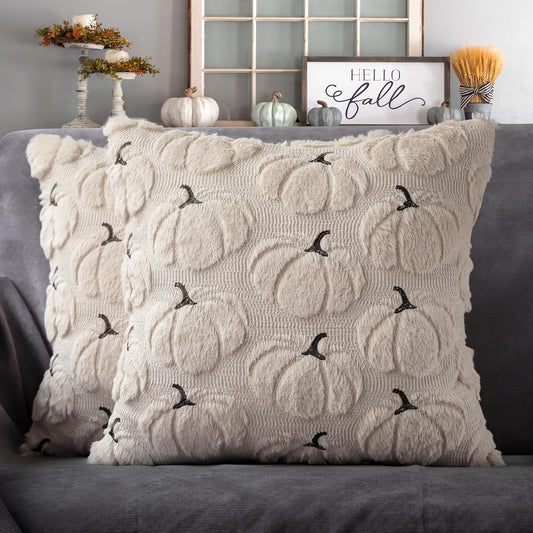 4TH Emotion Fall Pumpkins Decorative Pillow Covers 20x20 Set of 2, Beige Soft Plush Faux Fur Wool Farmhouse Throw Cushion Cases for Autumn Thanksgiving Holiday Home Decorations