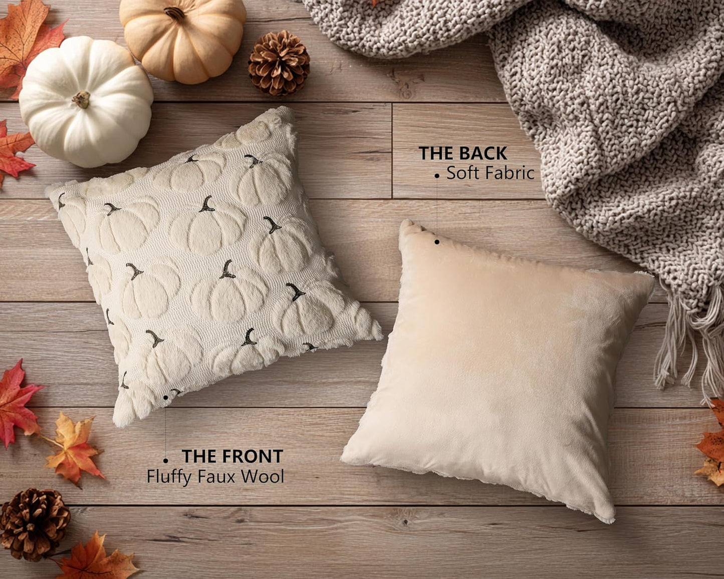 4TH Emotion Fall Pumpkins Decorative Pillow Covers 16x16 Set of 2, Beige Soft Plush Faux Fur Wool Farmhouse Throw Cushion Cases for Autumn Thanksgiving Holiday Home Decorations