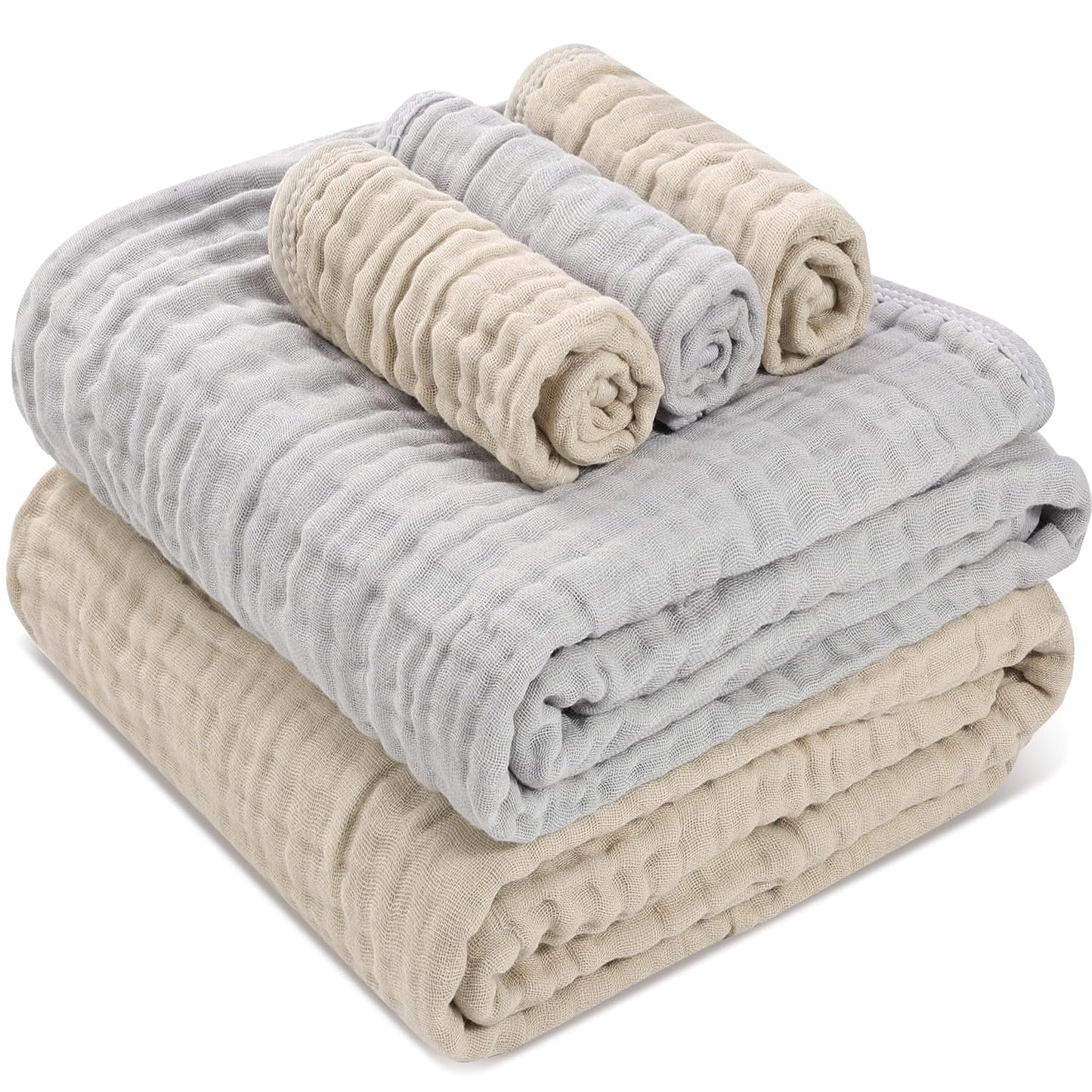 Muslin Baby Towels,2 Large Gauze Towels & 3 Washcloths, 6-Layer 100% Muslin Cotton for Sensitive Skin. Versatile as Towel & Blanket. Ideal for Baby Showers & New Moms (Beige Grey, 5 Pack)