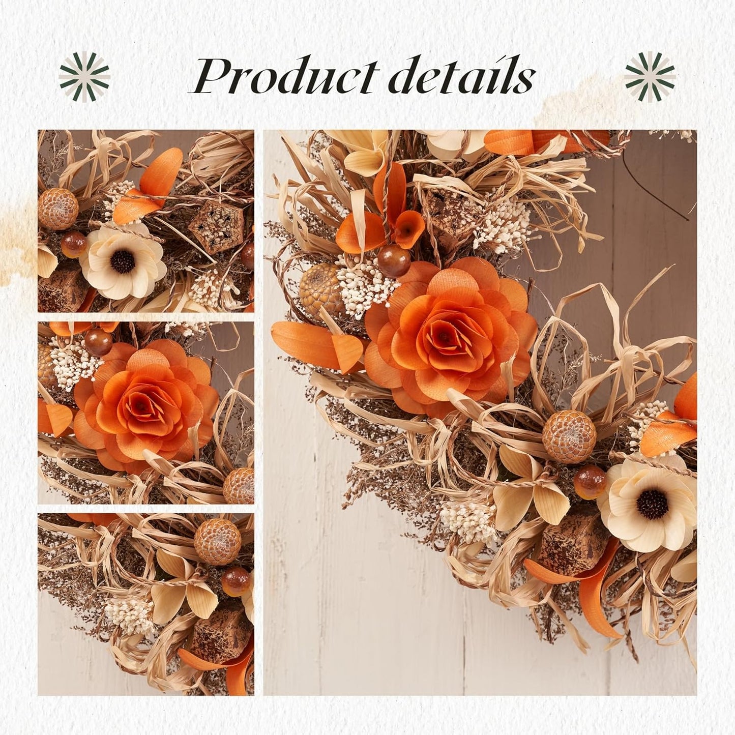 22" Fall Harvest Wood Curl Floral Wreath - Premium Handcraft Fall Wreaths for Front Door | Perfect for Autumn & Thanksgiving Decor