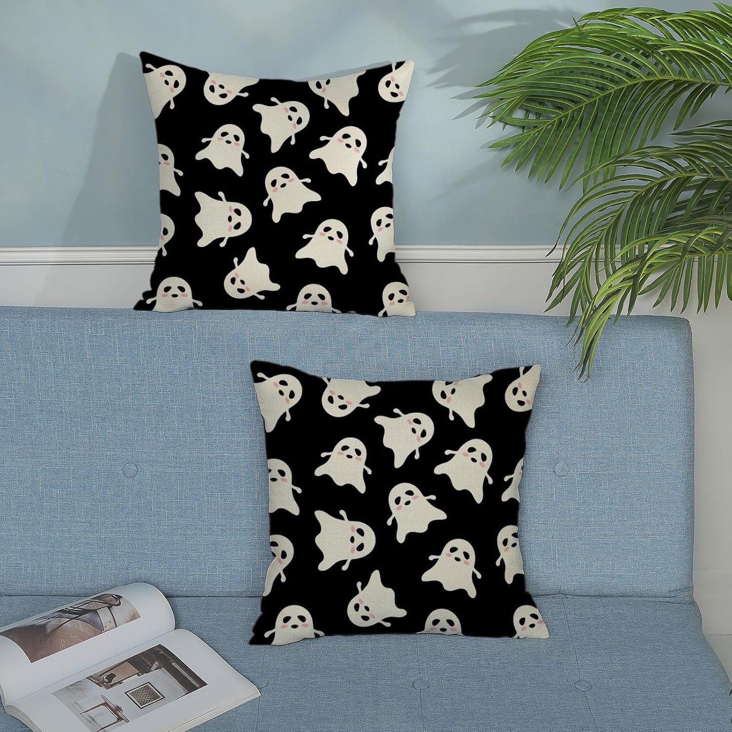 Halloween Decor Pillow Covers 18x18 Pack of 2 Black Beige Cute Ghost Throw Pillow Covers Outdoor Decoration,Fall Holiday Ghost Pillowcase Linen Decorative Cushion Case for Home Sofa Couch
