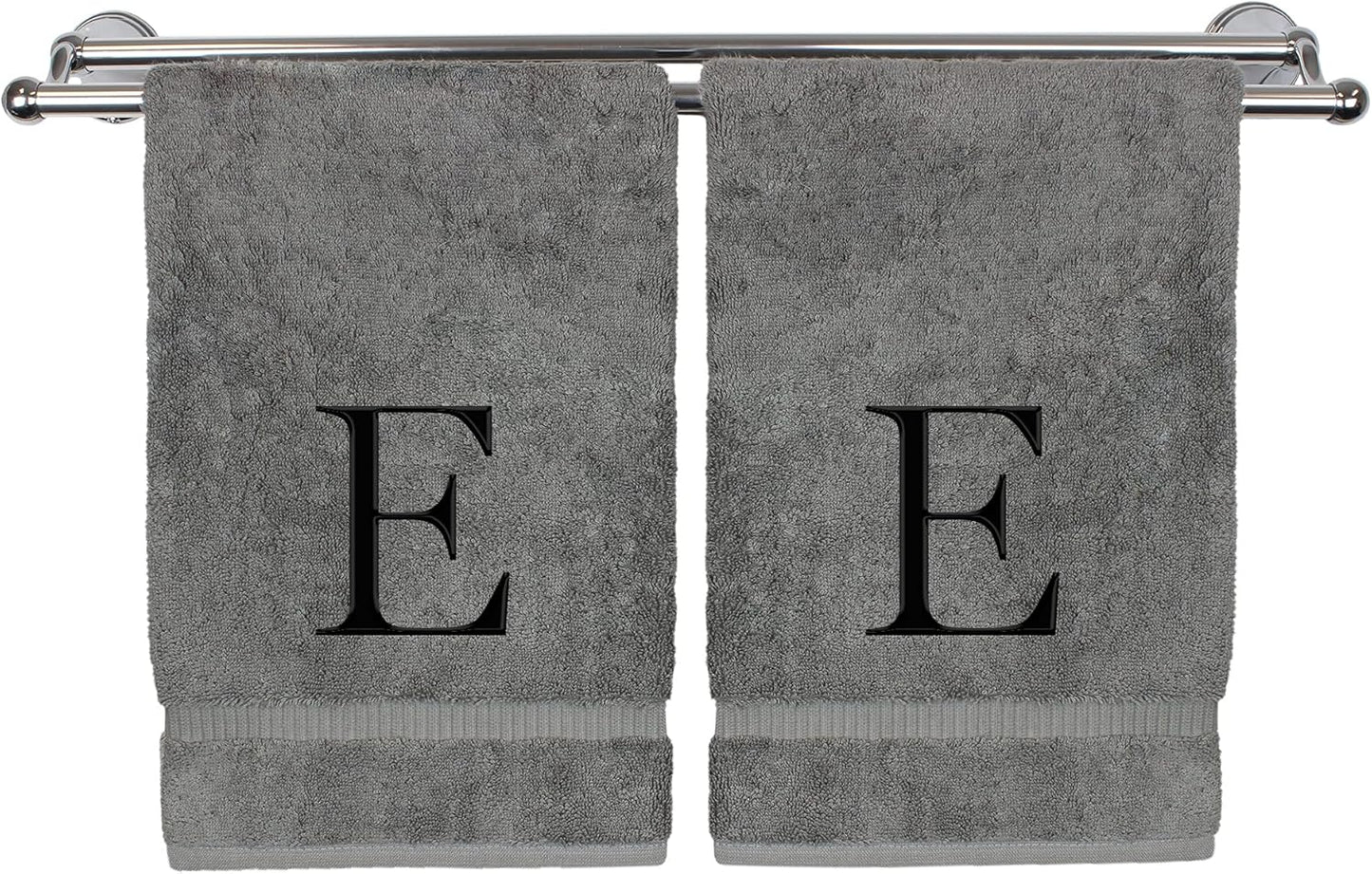 Monogrammed Hand Towel, Personalized Gift, Set of 2- Black Block Letter Embroidered Towel - Extra Absorbent 100% Turkish Cotton - Soft Terry Finish - Initial E Gray