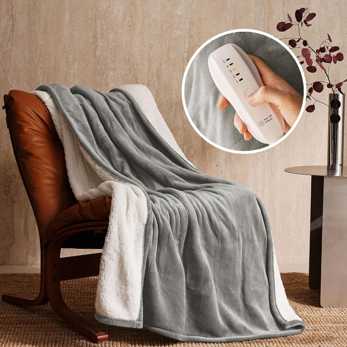 JET'S HOME Heated Blanket 50"x60" - ETL&FCC Certified Flannel Electric Blanket Machine Washable Heating Throw with 5 Heating Levels 3 Hours Auto-Off Overheating Protection (Grey)