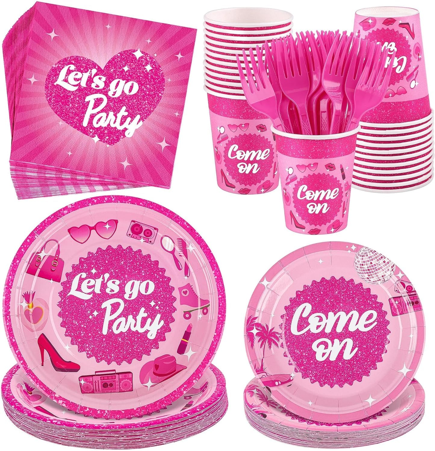 144 Pieces Let's Go Party Tableware Sets Including Disposable Plates Napkins Cups Forks Serves 24 for Birthday Disco Pink Girl Party Supplies
