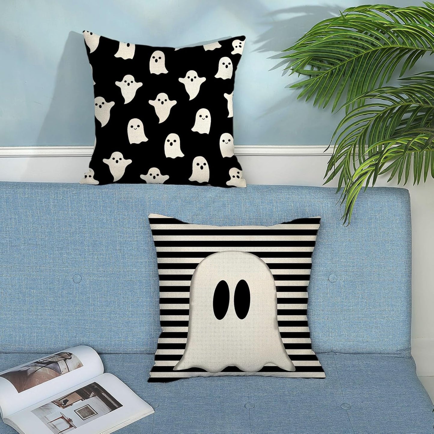 Halloween Pillow Covers 18x18 Set of 2 Cute Black Stripes Ghost Decorative Throw Pillow Covers Halloween Pillow Covers for Halloween Home Decoration L inen Cushion Case for Couch Sofa Decor