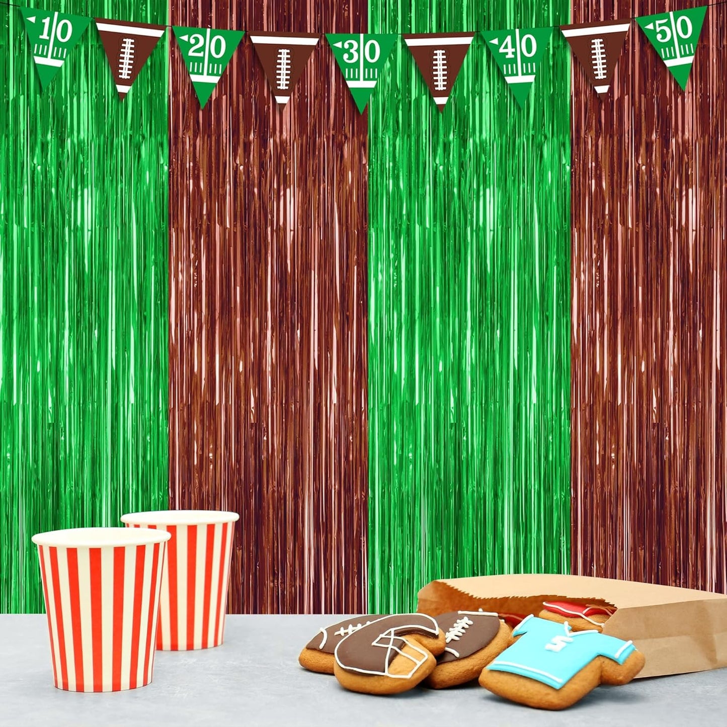2 Pack Football Party Decorations, 3.28 FT x 7.05 FT Tinsel Backdrop, Brown Green Foil Fringe Curtains Metallic Party Streamer, Football Party Supplies Game Day Decorations 2025