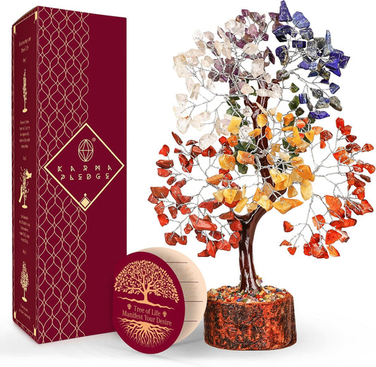 7 Chakra Healing Crystal Tree of Life with Manifestation Card, Handmade Silver Wire Crystal Tree for Good Luck, Positive Energy, Wealth, Reiki Healing, and Decor, Gift for Women and Mom