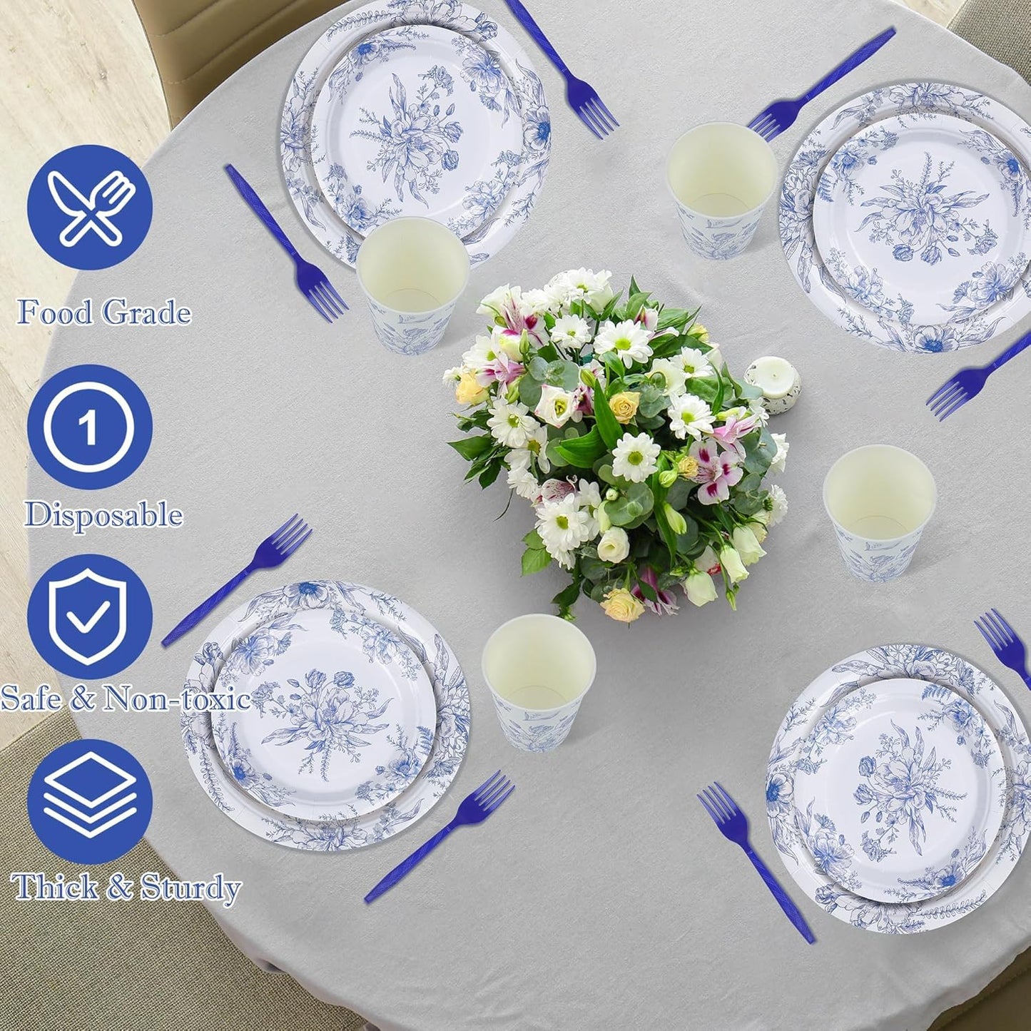 144 Pieces Blue and White Flower Print Party Tableware Sets Including Disposable Plates Napkins Cups Forks Serves 24 for Wedding Birthday Baby Shower Party Supplies