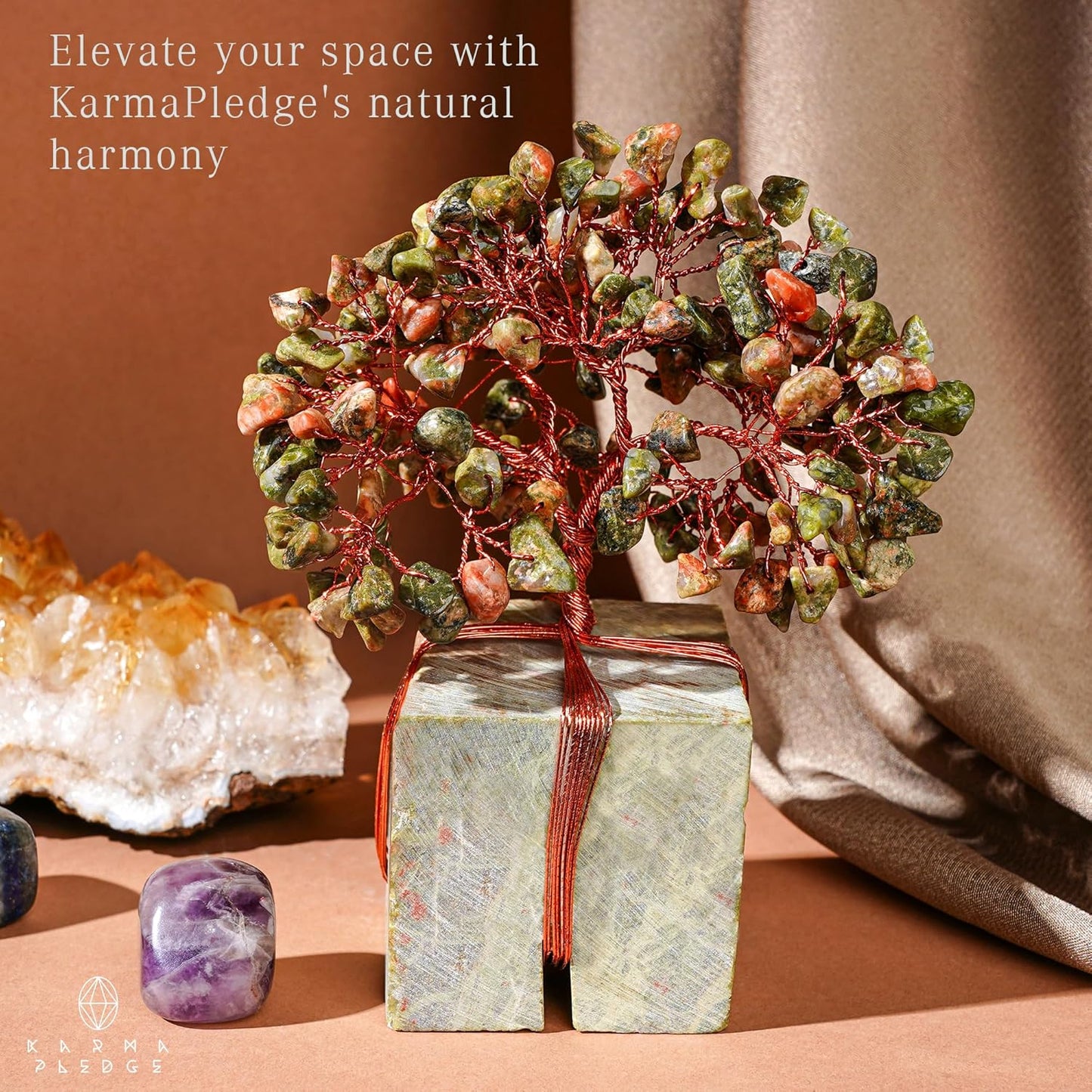 Crystal Tree for Birthday Gifts for Women, Handmade Raw Crystal Base Unakite Chakra Healing Crystal Tree of Life for Positive Energy, Money, Good Luck, Christmas Décor, Home and Office Decor