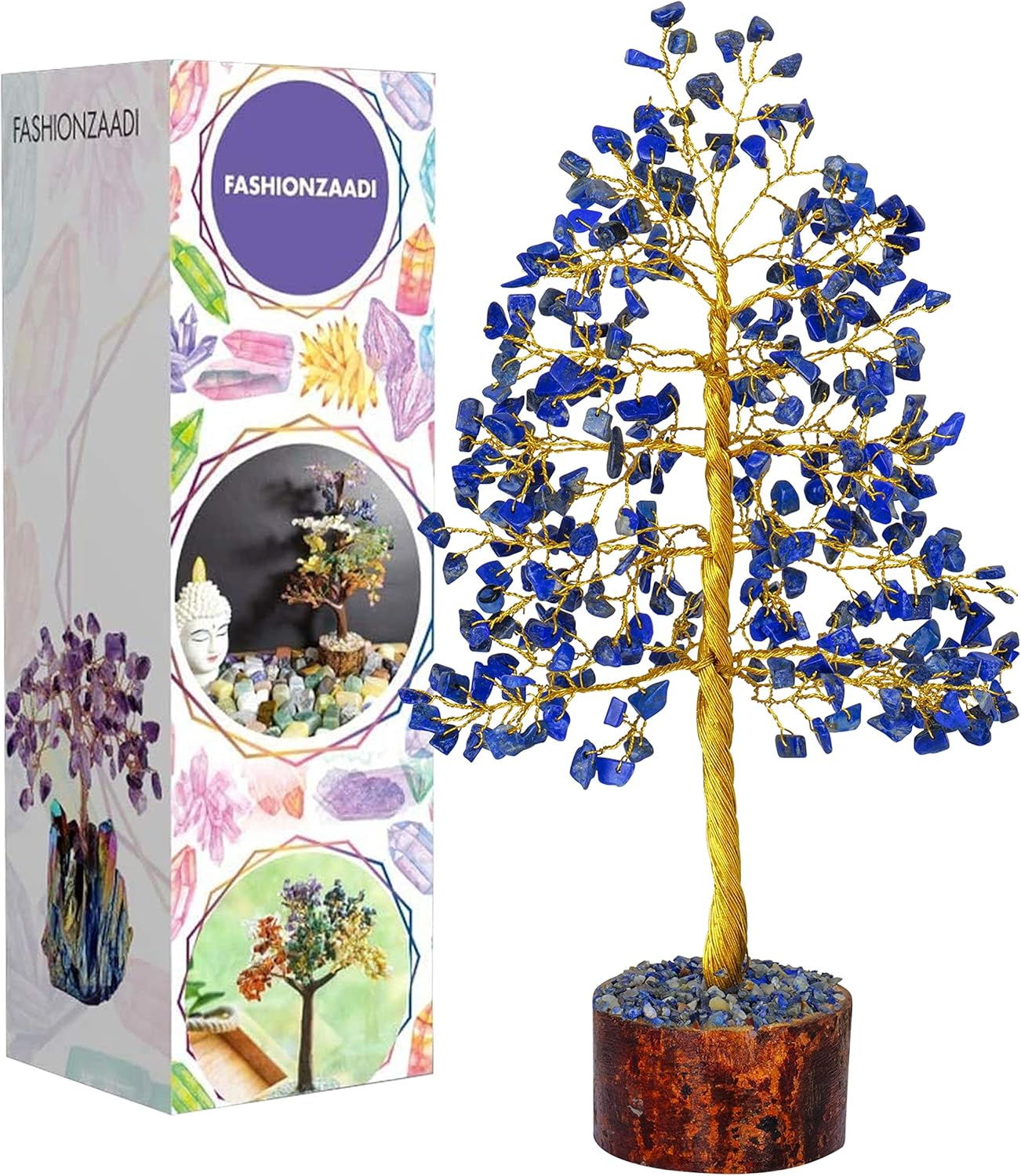 FASHIONZAADI Gemstone Money Tree Reiki Healing Chakra Balancing Handmade Bonsai Trees Spiritual Gift Aura Cleansing Good Luck Home Decor (Lapis Lazuli Golden Wire)