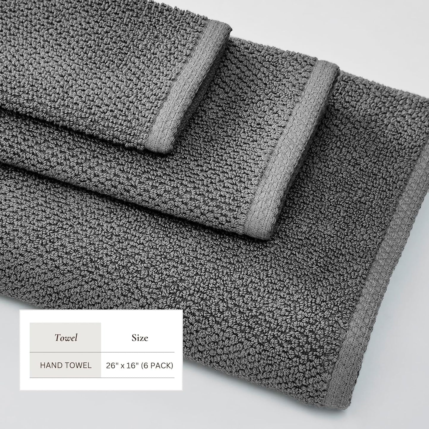 Grey Hand Towels - 100% Cotton 6 Pack 26x16 Hand Towel Set - Absorbent, Quick-Drying, Durable Towels for Handroom Decor - Low-Twist, Two-Ply Fibers (Dark Grey)