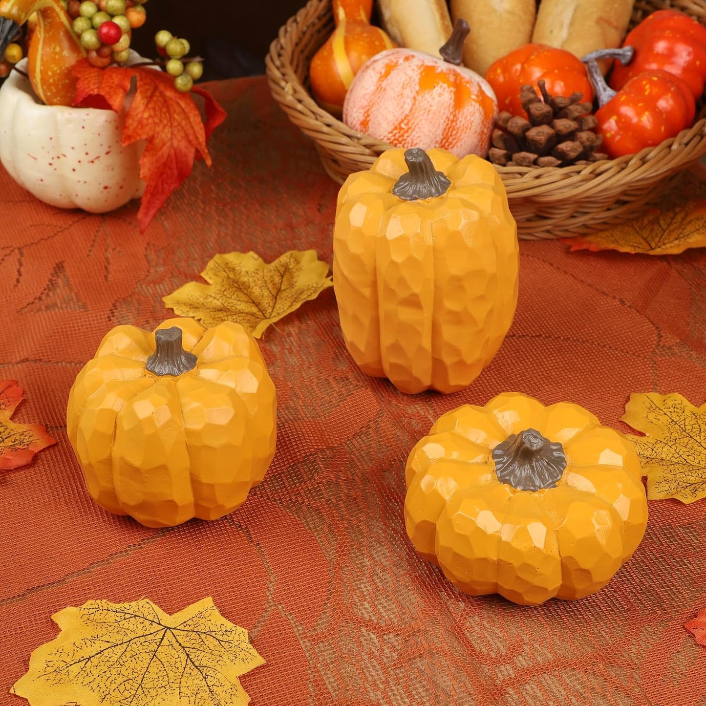 winemana Pumpkins Fall Decorations for Home & Thanksgiving- Set of 3 Artificial Pumpkin Centerpiece for Table Runner, Office, Indoor Mantel & Porch, Autumn Harvest Decor (Yellow)