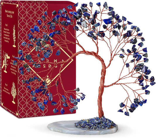 Lapis Lazuli Healing Crystal Tree of Life for Home and Office Decor, Positive Energy, Wealth, Good Luck, Reiki Healing Crystals and Stones, Handmade Feng Shui Decoration, Birthday Gifts for Women