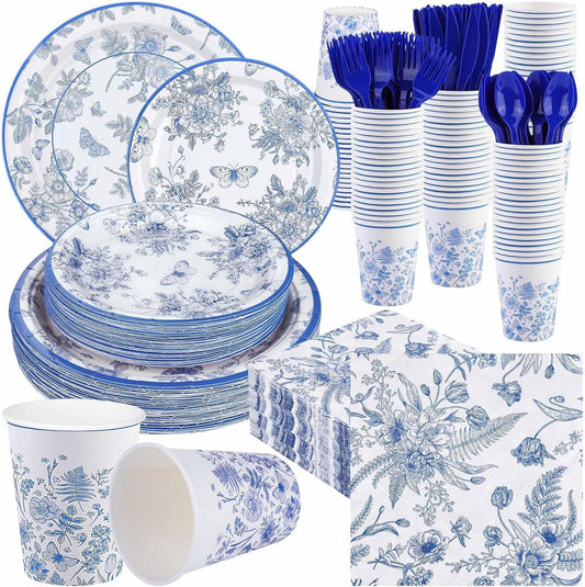 400 Pieces Blue and White Flower Disposable Party Tableware Sets Including Plates Cups Napkins Cutlery Serves 50 for Wedding Birthday Baby Shower Party Decorations
