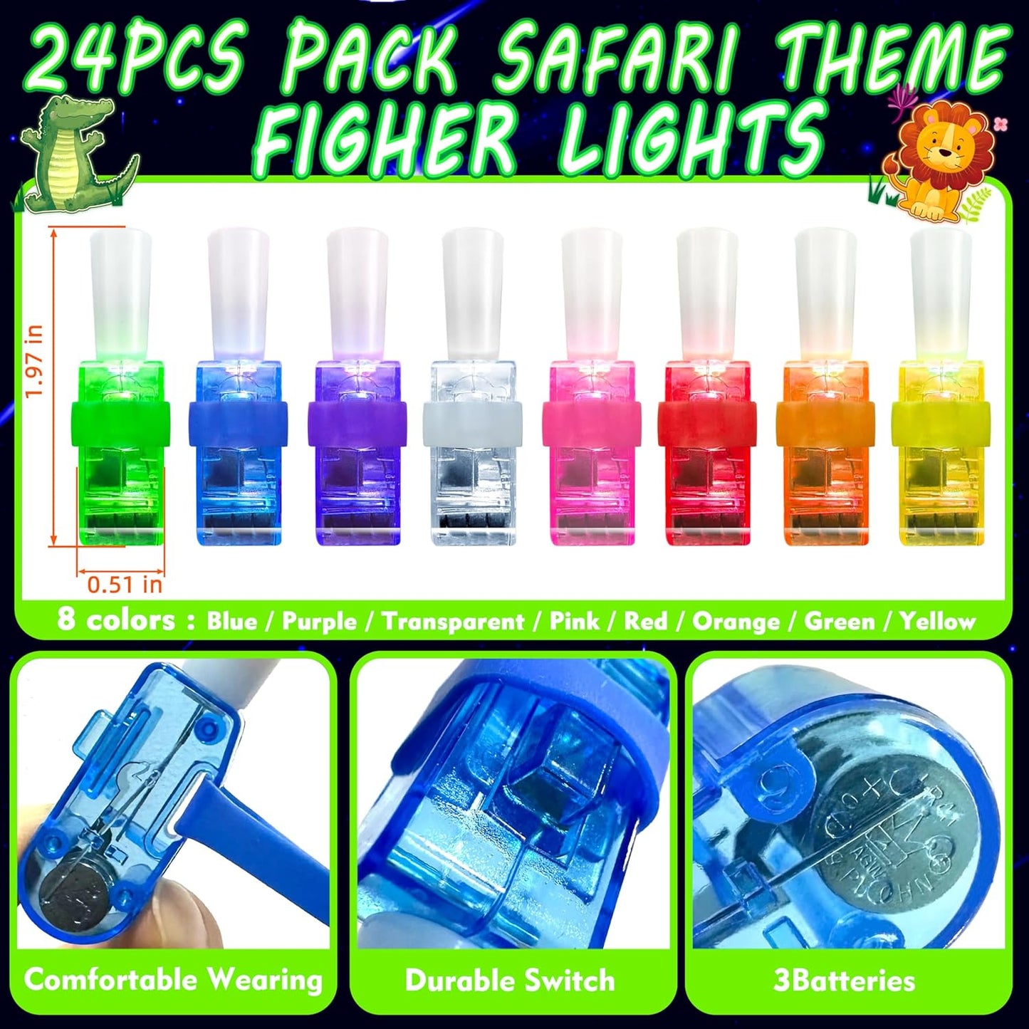 24PCS Jungle Safari Party Favors-LED Finger Lights:Glow-in-the-Dark Light-Up Toys Bulk for Kids,Animal Theme Birthday Party Decorations Supplies, Party Goodie Bags, Classroom Prizes, Fun Gifts