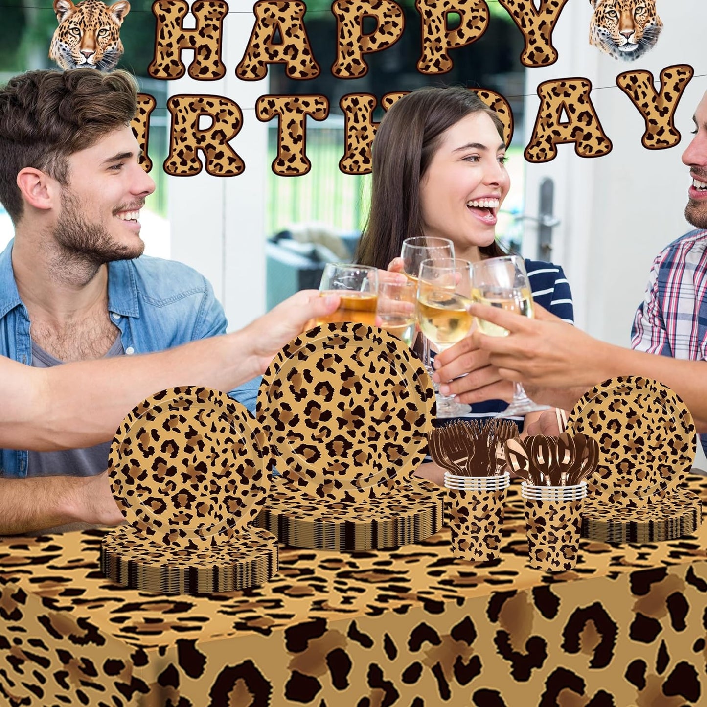 142PCS Leopard Print Party Decorations,Jungle Animal theme Decorations Include Tableware, Plate, Cup, Napkin, Cutlery, Animal Cheetah Print Birthday Party Supplies Serve 20