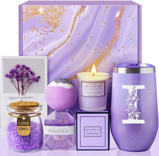 Gifts for Women Mom, Unique Birthday Gifts for Her Sister Best Friend Girls, Christmas Spa Gift Box Basket with 20 oz Initial Tumbler - Nurse Gifts, Mothers Day Gifts, Teacher Appreciation Gifts (I)