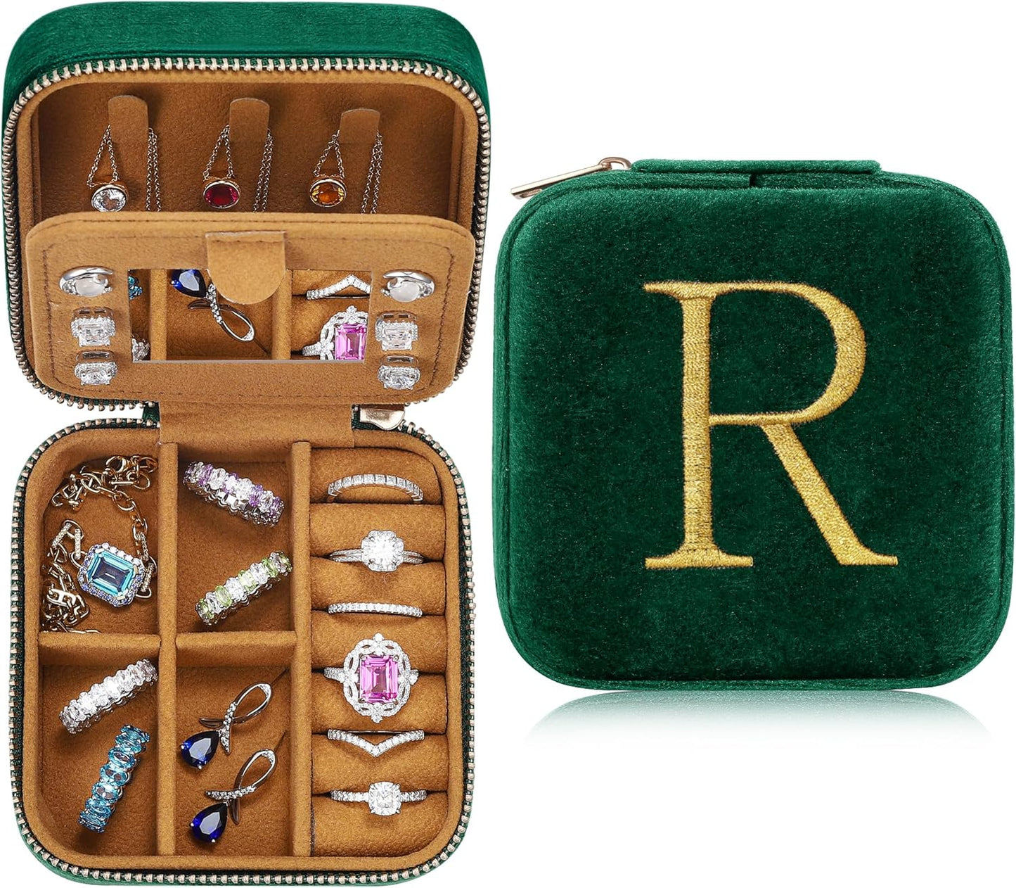 Parima Retirement Gifts for Women - Retirement Gifts for Women 2025, Happy Retirement Party Gifts, Plush Velvet Emerald-Green Travel Jewelry Case Jewelry Box - Letter R, Green
