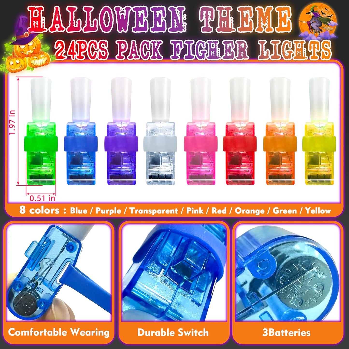 24PCS Halloween Theme Party Favors-LED Finger Lights:Glow-in-the-Dark Light-Up Toys Bulk for Kids Halloween Goodie Bag Fillers Basket Stuffers and Trick or Treat Non Candy Gifts, Classroom Prizes
