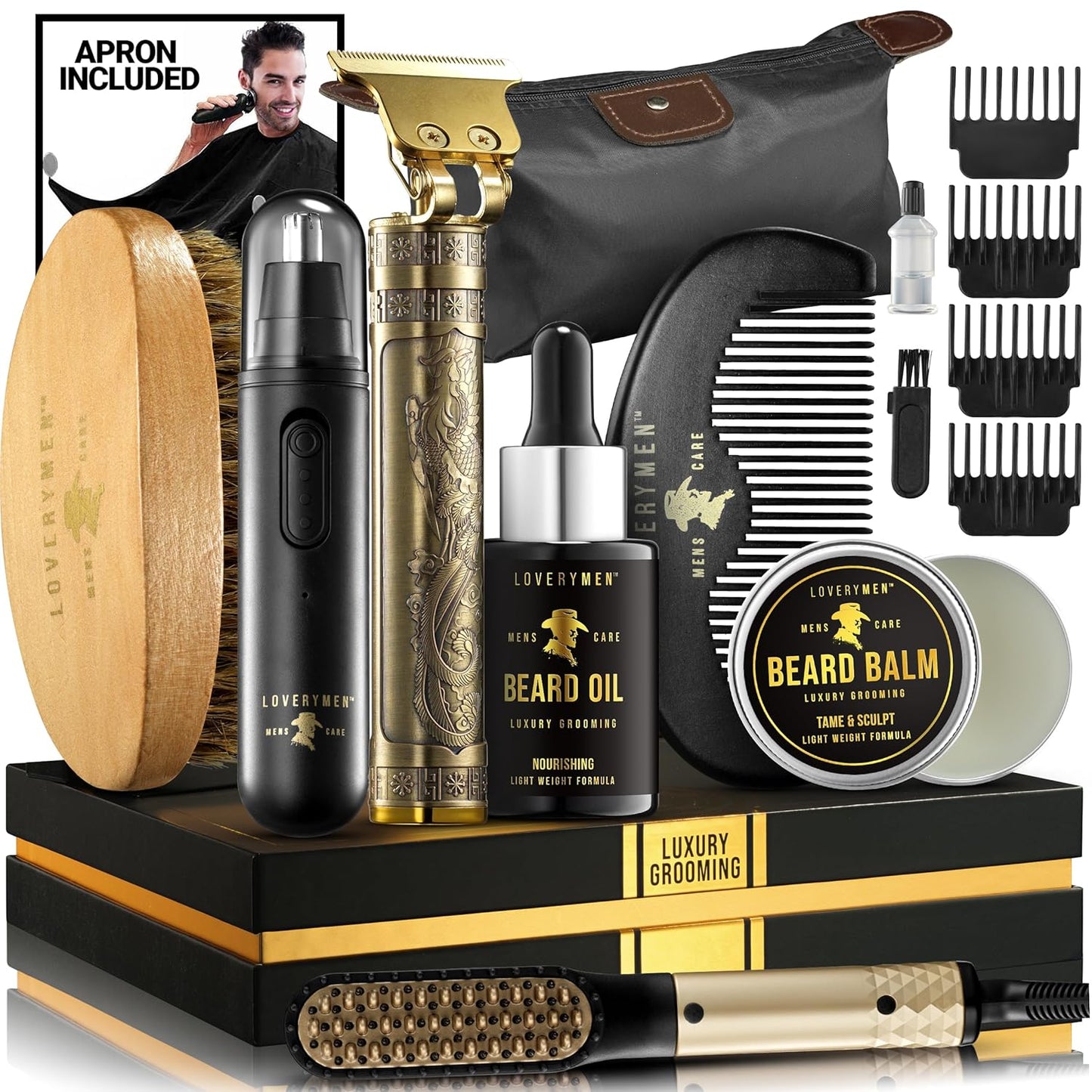 Mens Grooming Beard Kit, Beard Trimmer, Nose Hair Trimmer, Hair Straightener Brush, Oil, Balm & More, 15pc Beard Care Kit, Birthday Gifts for Men, Christmas Gifts for Him, Gifts for Dad