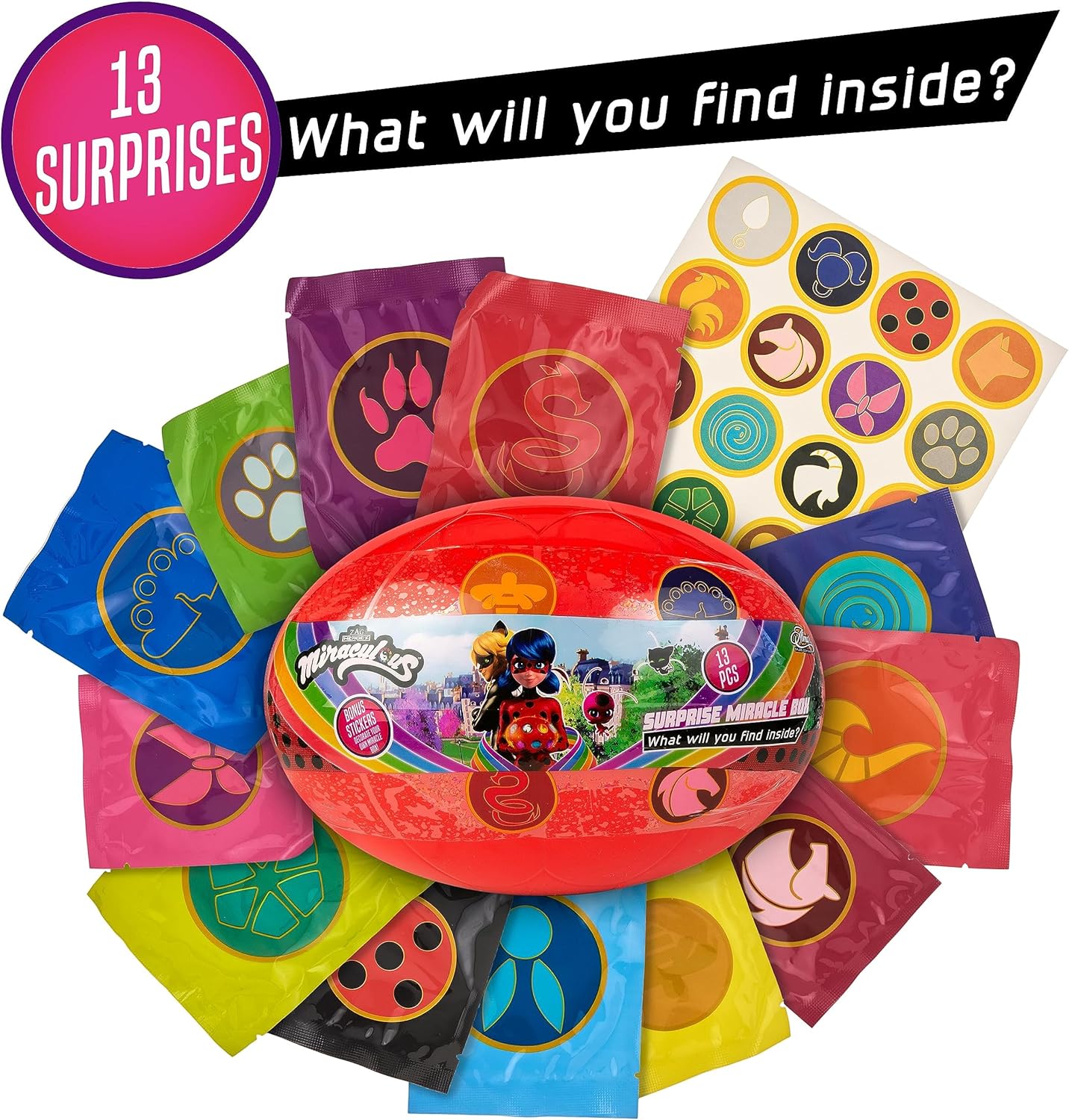 Miraculous 13pc Surprise Miracle Box -Zag Heroez Themed Ladybug and Cat Noir Toys Surprise with Stickers for Kids, Treasure Prizes, Birthday Favors