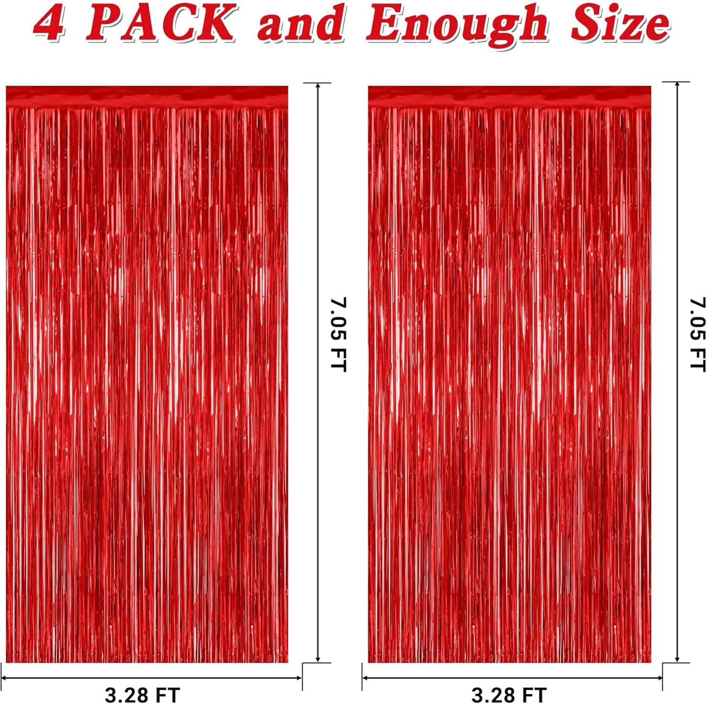 4 Pack Red Backdrop, 3.28 FT x 7.05 FT Party Streamer, Metallic Birthday Tinsel Backdrop Foil Fringe Curtains, Door Streamer for Red Party Decorations Casino Decor Photo Booth Props