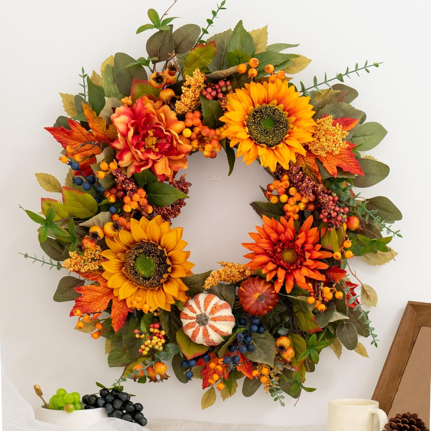 Fall Wreaths for Front Door β 24 Inch Autumn Wreath with Pumpkins, Sunflowers, Berries & Maple Leaves β Fall Door Wreath for Outdoor Thanksgiving, Halloween & Harvest Decor
