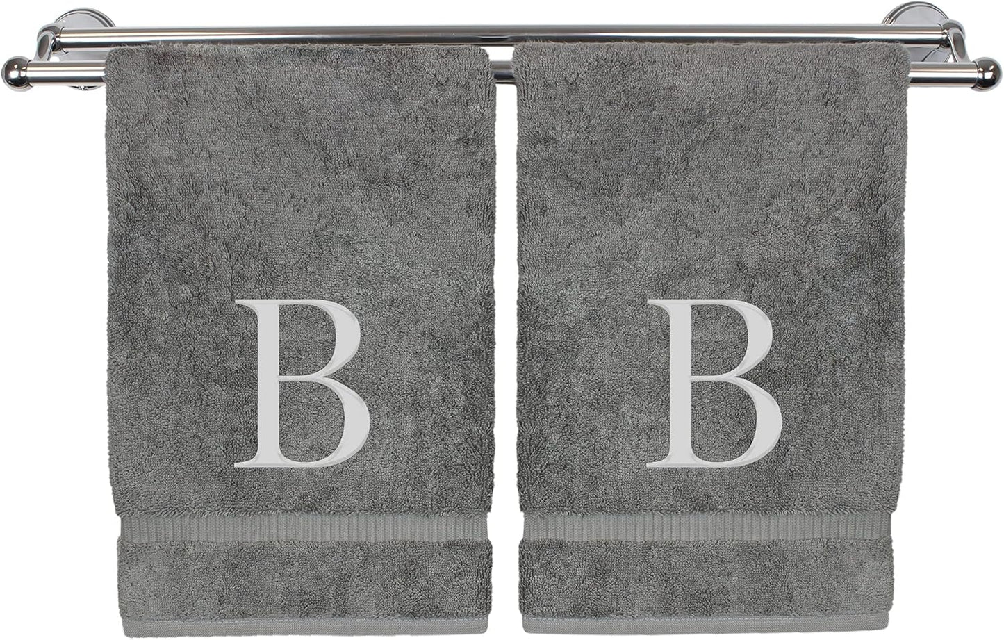 Monogrammed Hand Towel, Personalized Gift, Set of 2- Silver Block Letter Embroidered Towel - Extra Absorbent 100% Turkish Cotton - Soft Terry Finish - Initial B Gray