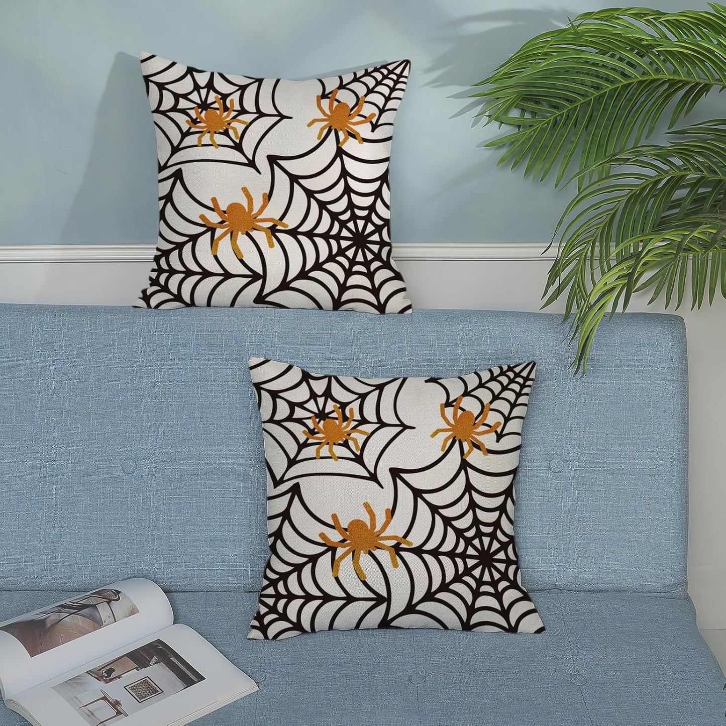 Spider Web Throw Pillow Covers 16x16 inch Set of 2 Halloween Decorative Farmhouse Pillow Covers Outdoor Spider Decor Cushion Case for Home Office Halloween Sofa Bed Decoration