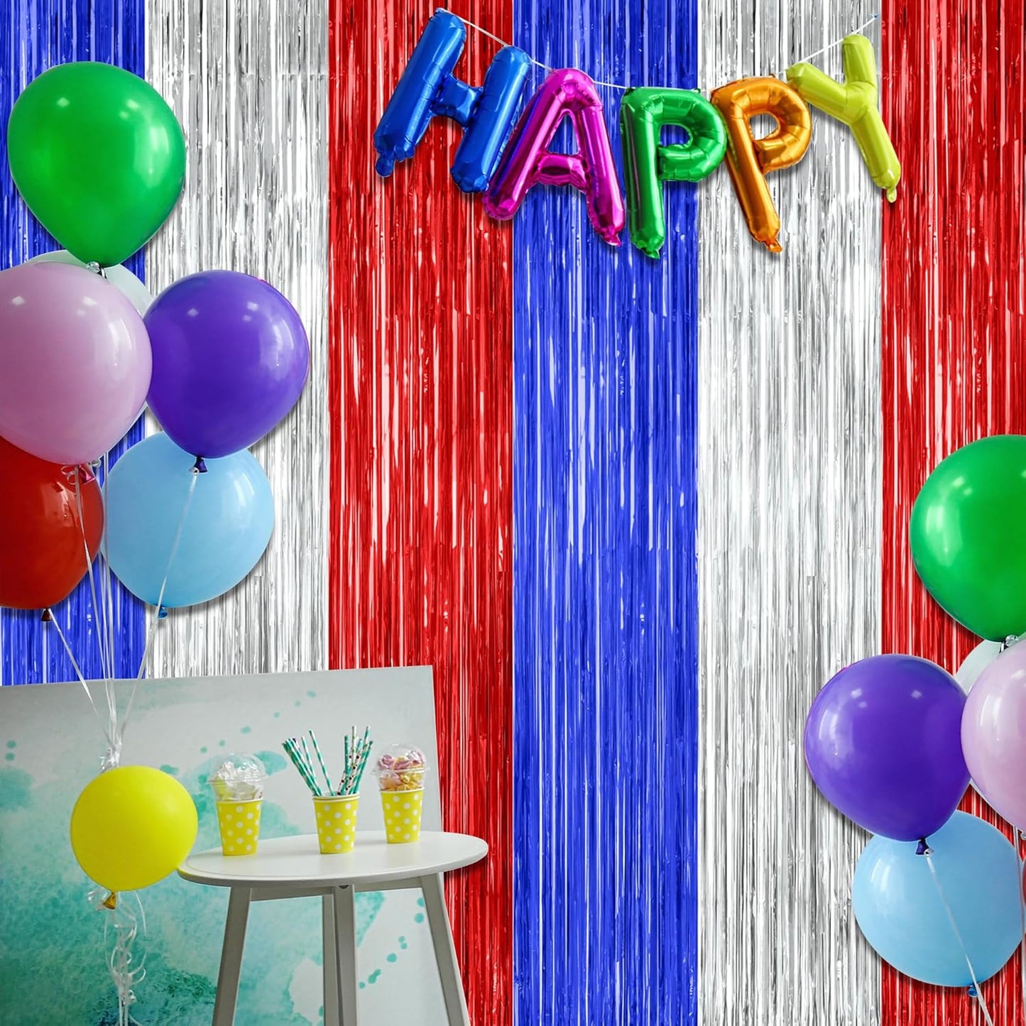 12 Pack 4th of July Decorations, 3.28 FT x 7.05 FT Patriotic Tinsel Backdrop, Metallic Blue Silver Red Fringe Curtains Party Streamer Foil Backdrop, Independence Day Party Supplies Patriotic Decor