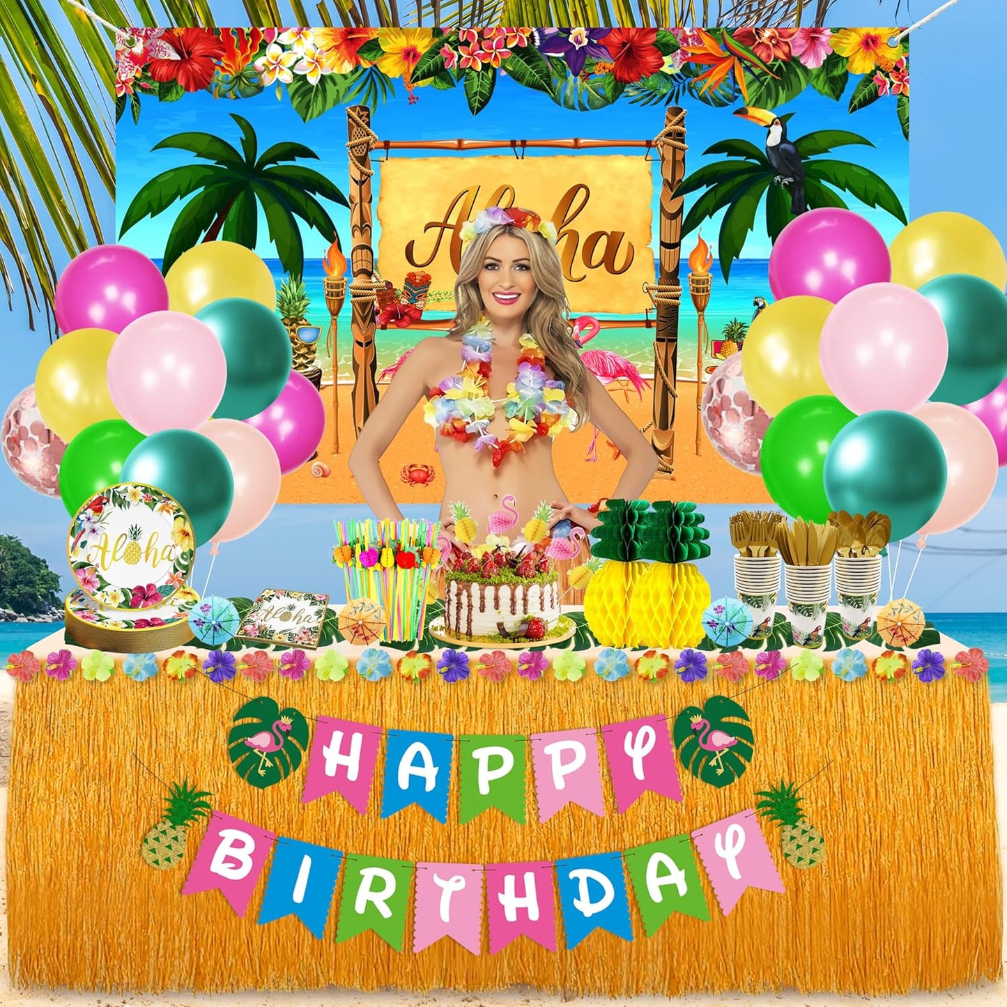 Luau Birthday Party Decorations 321Pcs Hawaiian Tropical Aloha Party Supplies for Summer Beach Holiday Disposable Dinnerware Set (24 Guest) Table Skirt Straws Backdrop Banner Balloon Garland Kit