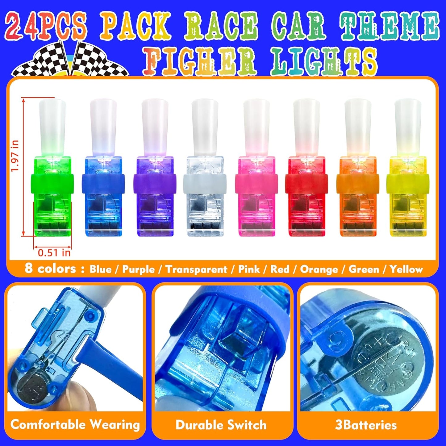 24PCS Race Car Party Favors-LED Finger Lights:Glow-in-the-Dark Light-Up Hot Wheels Toys Bulk for Kids Boys Girls,Cars Theme Birthday Party Decorations Supplies, Party Goodie Bags, Classroom Prizes