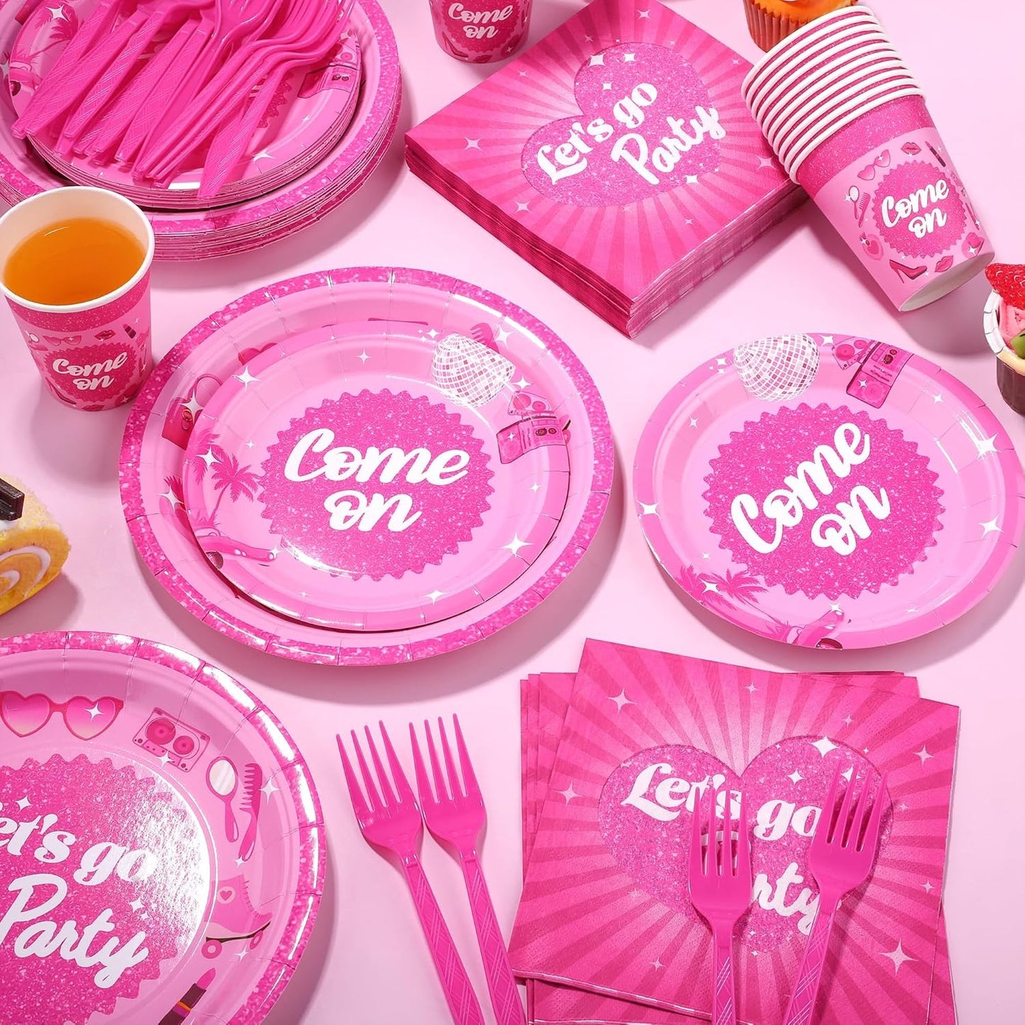 144 Pieces Let's Go Party Tableware Sets Including Disposable Plates Napkins Cups Forks Serves 24 for Birthday Disco Pink Girl Party Supplies