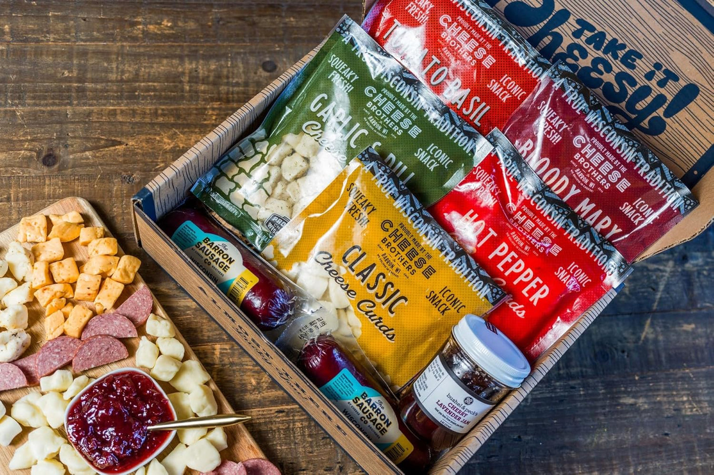 Cheese Bros Char-CURD-erie Gift Box | Fresh from Wisconsin | Includes Flavored Curds, Summer Sausage and Jam | Ready to Serve Charcuterie Board
