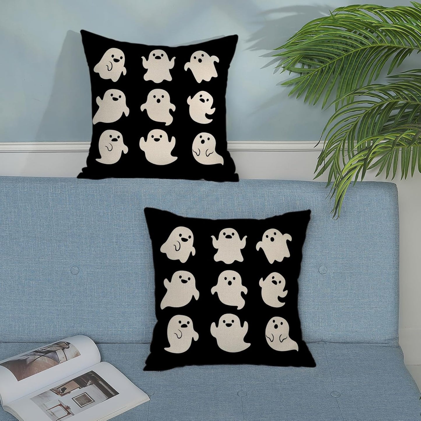 Halloween Pillow Covers 18x18 Pack of 2 Cute Black Beige Ghost Throw Pillow Covers Outdoor Decor,Autumn Holiday Decoration Ghost Pillowcase Linen Decorative Cushion Case for Home Sofa Couch