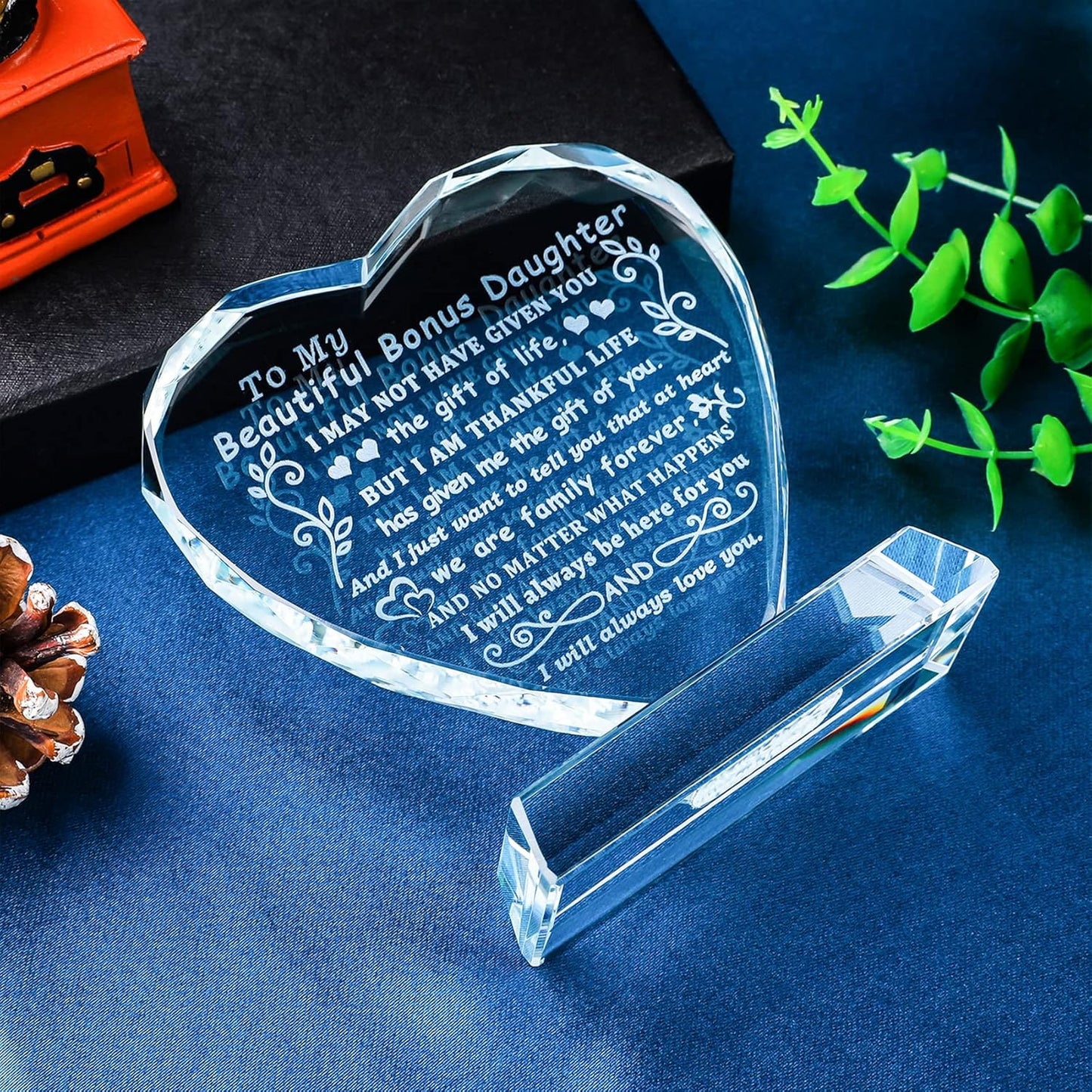 YWHL Bonus Daughter Gifts from Mom Dad, To My Bonus Daughter Heart Shaped Crystal Keepsake, Gifts for Stepdaughter from Stepmom Stepdad on Birthday Christmas Graduation