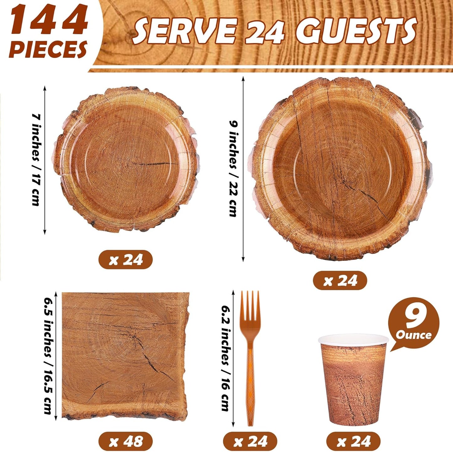 144 Pieces Camping Wood Grain Slice Tableware Sets Rustic Wood Party Decorations Paper Plates Napkins Cups Forks Serves 24 for Forest Themed Party Decorations Hunting Birthday Supplies