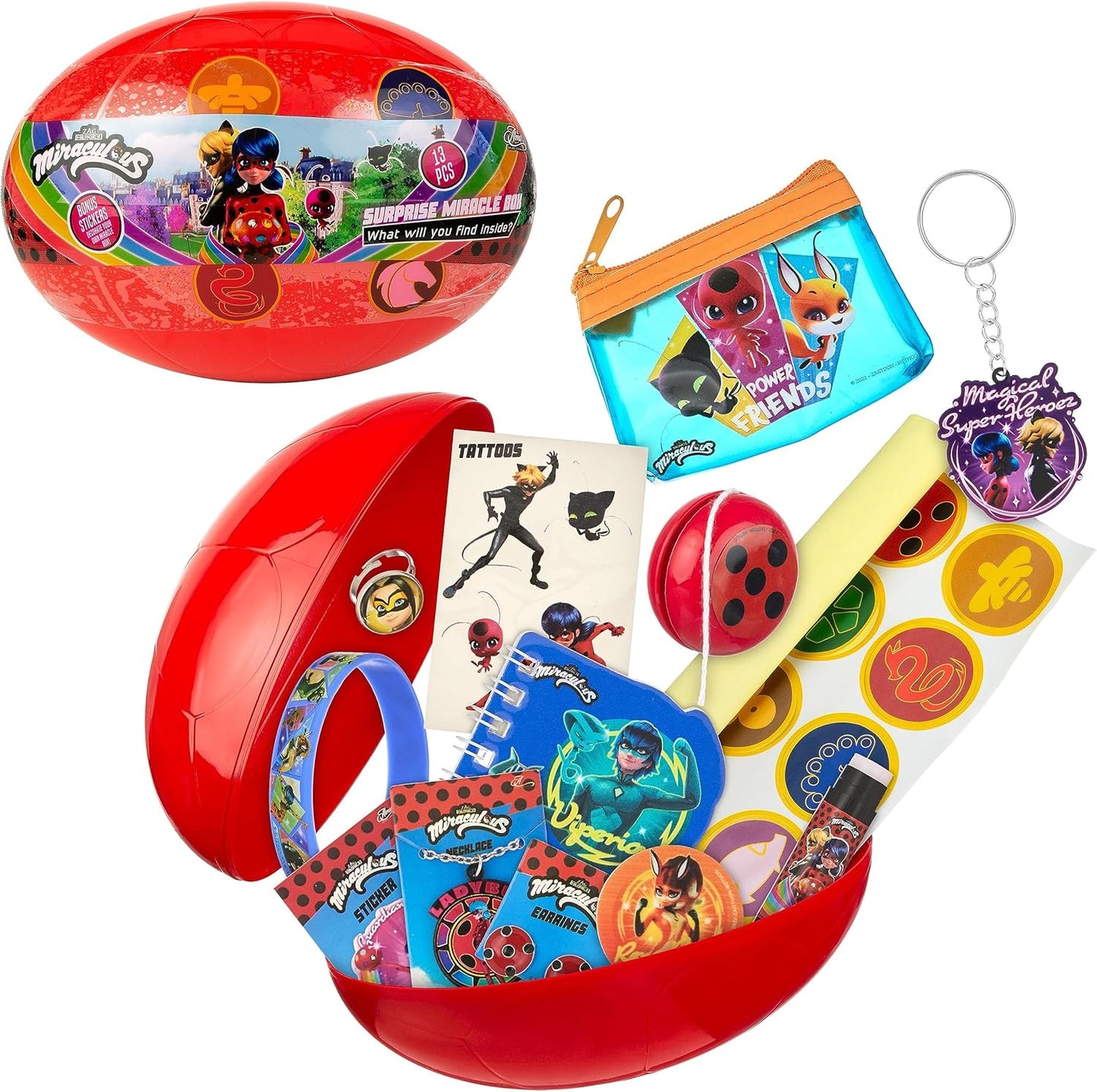 Miraculous 13pc Surprise Miracle Box -Zag Heroez Themed Ladybug and Cat Noir Toys Surprise with Stickers for Kids, Treasure Prizes, Birthday Favors