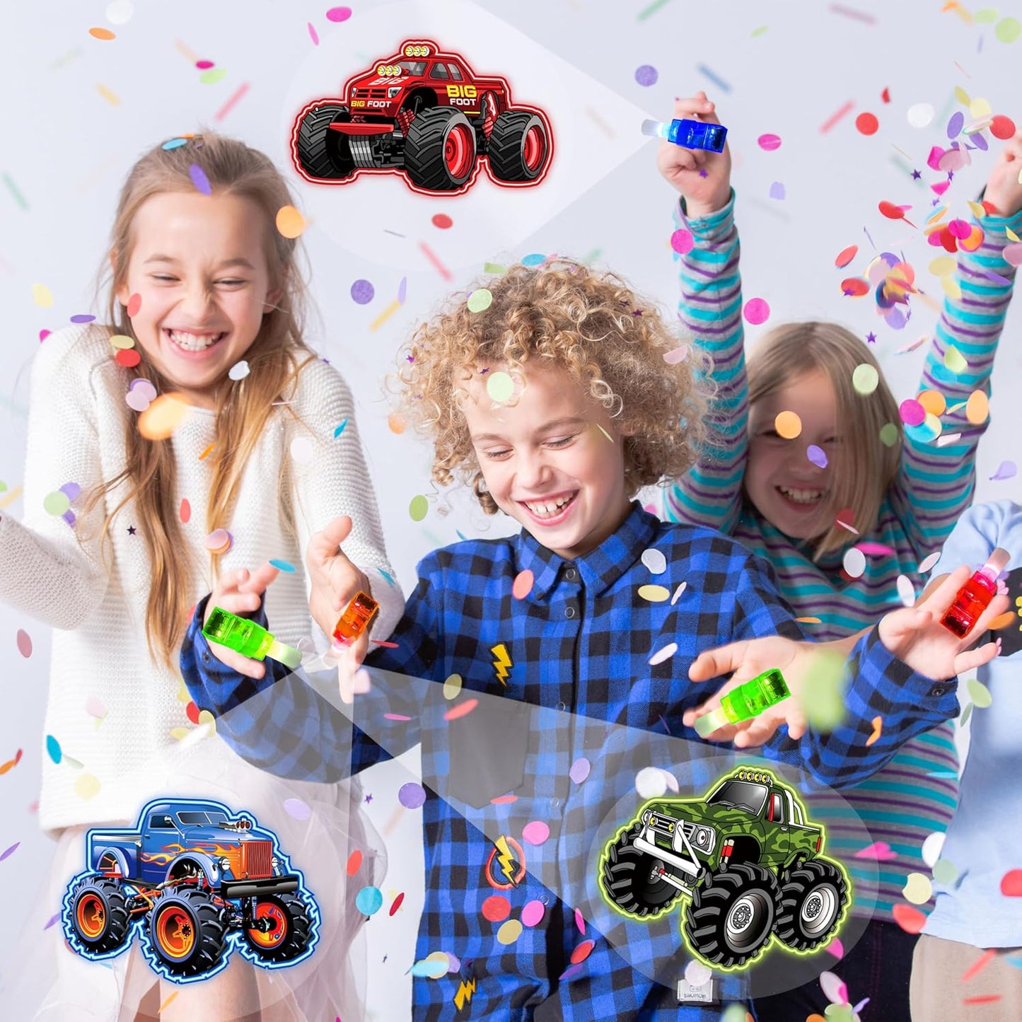 24PCS Monster Truck Party Favors-LED Finger Lights:Glow-in-the-Dark Light-Up Toys Bulk for Kids,Monster Jam Birthday Party Decorations Supplies, Party Goodie Bags, Classroom Prizes, Fun Gifts
