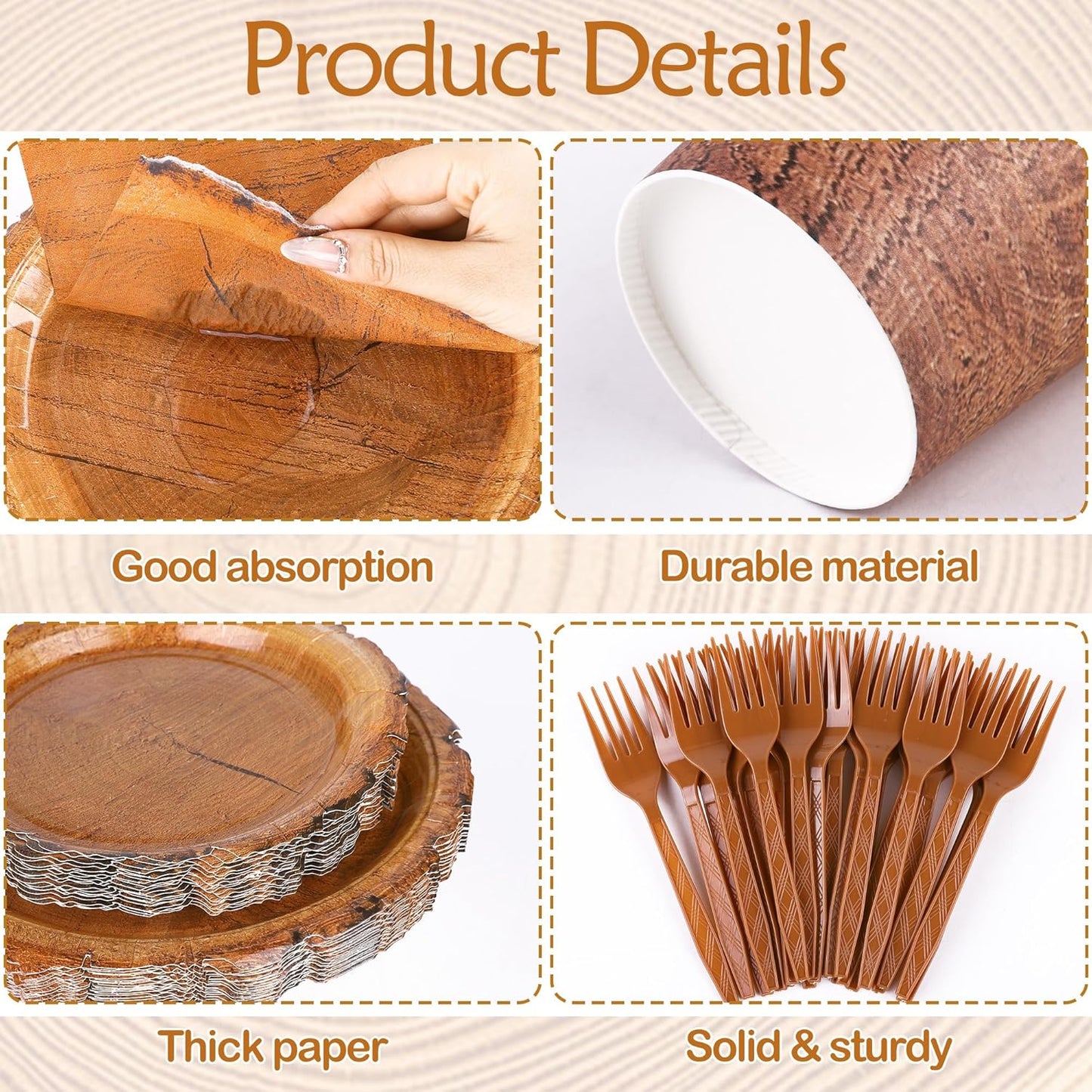 144 Pieces Camping Wood Grain Slice Tableware Sets Rustic Wood Party Decorations Paper Plates Napkins Cups Forks Serves 24 for Forest Themed Party Decorations Hunting Birthday Supplies
