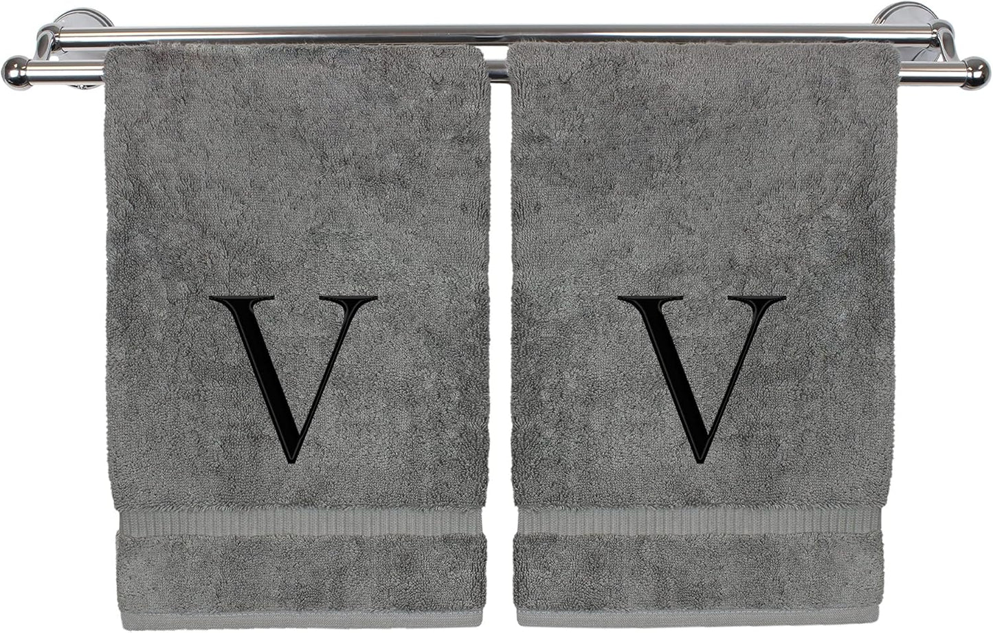 Monogrammed Hand Towel, Personalized Gift, Set of 2- Black Block Letter Embroidered Towel - Extra Absorbent 100% Turkish Cotton - Soft Terry Finish - Initial V Gray