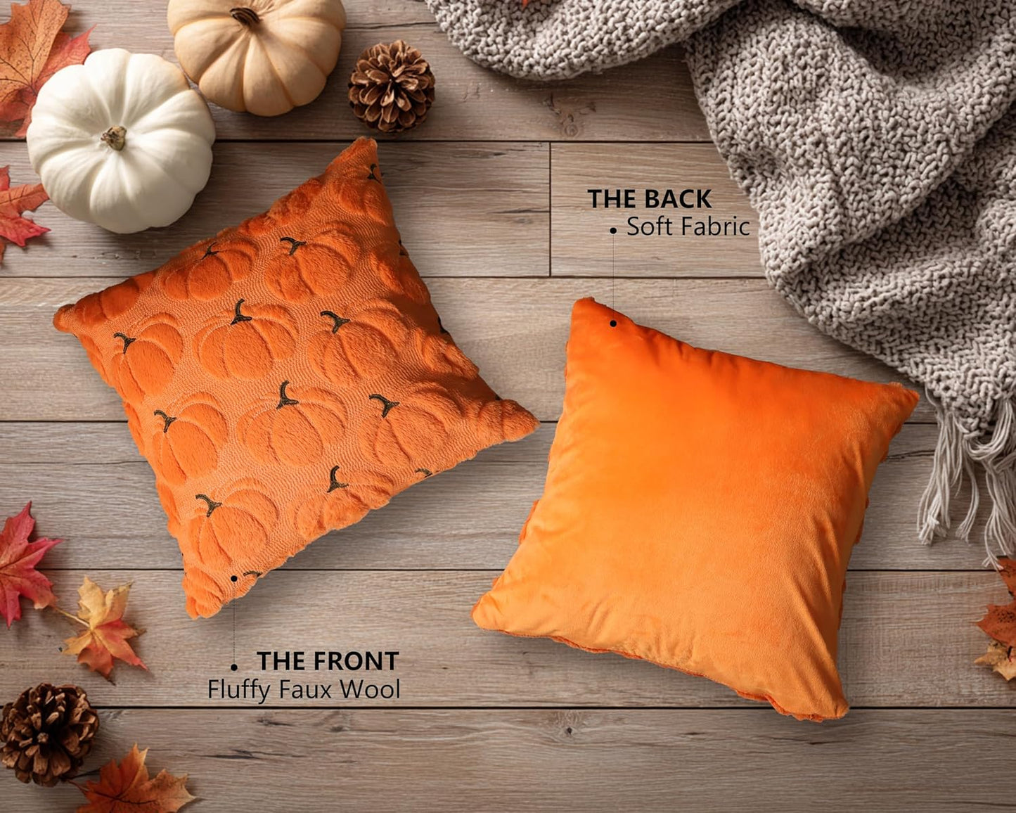 4TH Emotion Fall Pumpkins Decorative Pillow Covers 16x16 Set of 2, Orange Soft Plush Faux Fur Wool Farmhouse Throw Cushion Cases for Autumn Thanksgiving Holiday Home Decorations