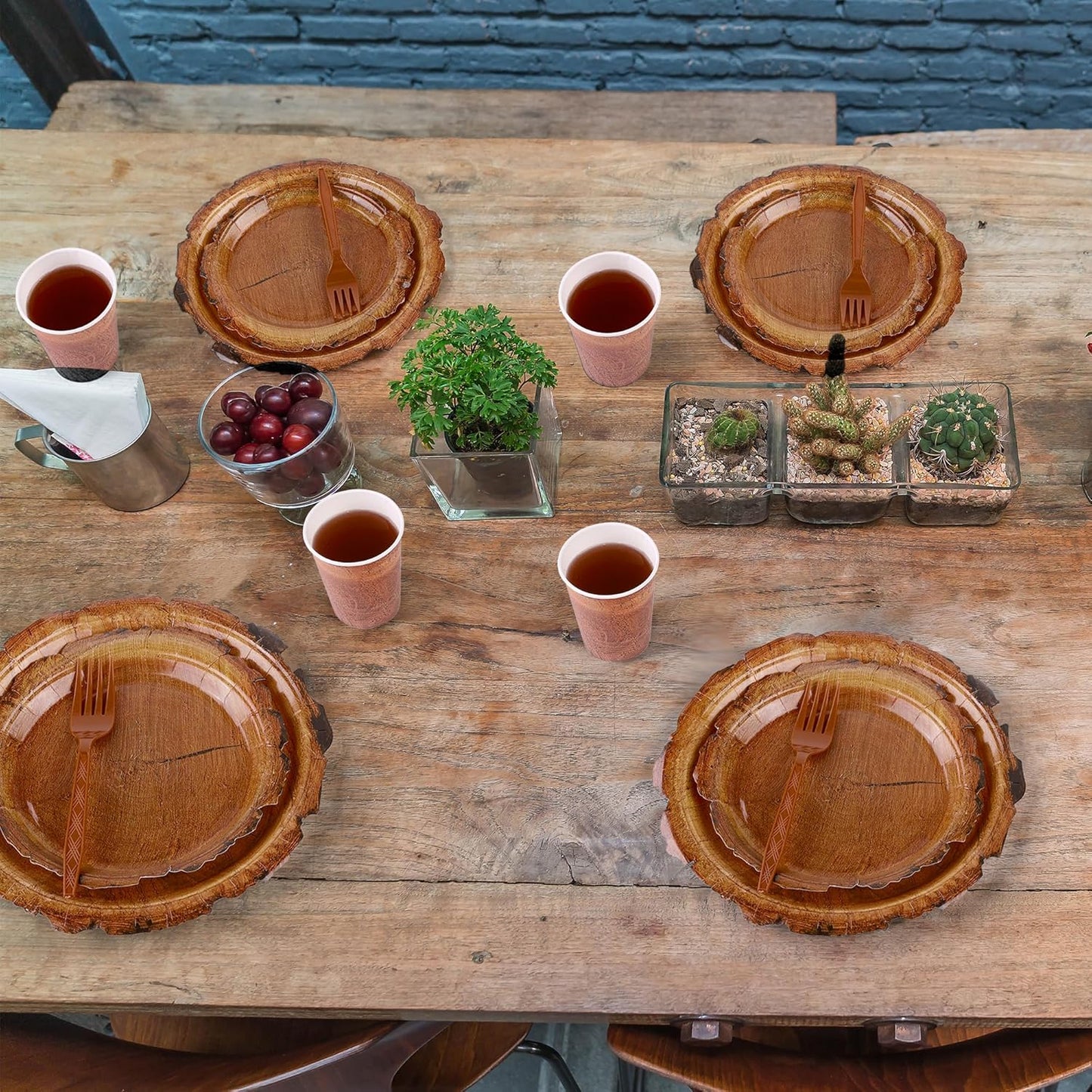 144 Pieces Camping Wood Grain Slice Tableware Sets Rustic Wood Party Decorations Paper Plates Napkins Cups Forks Serves 24 for Forest Themed Party Decorations Hunting Birthday Supplies