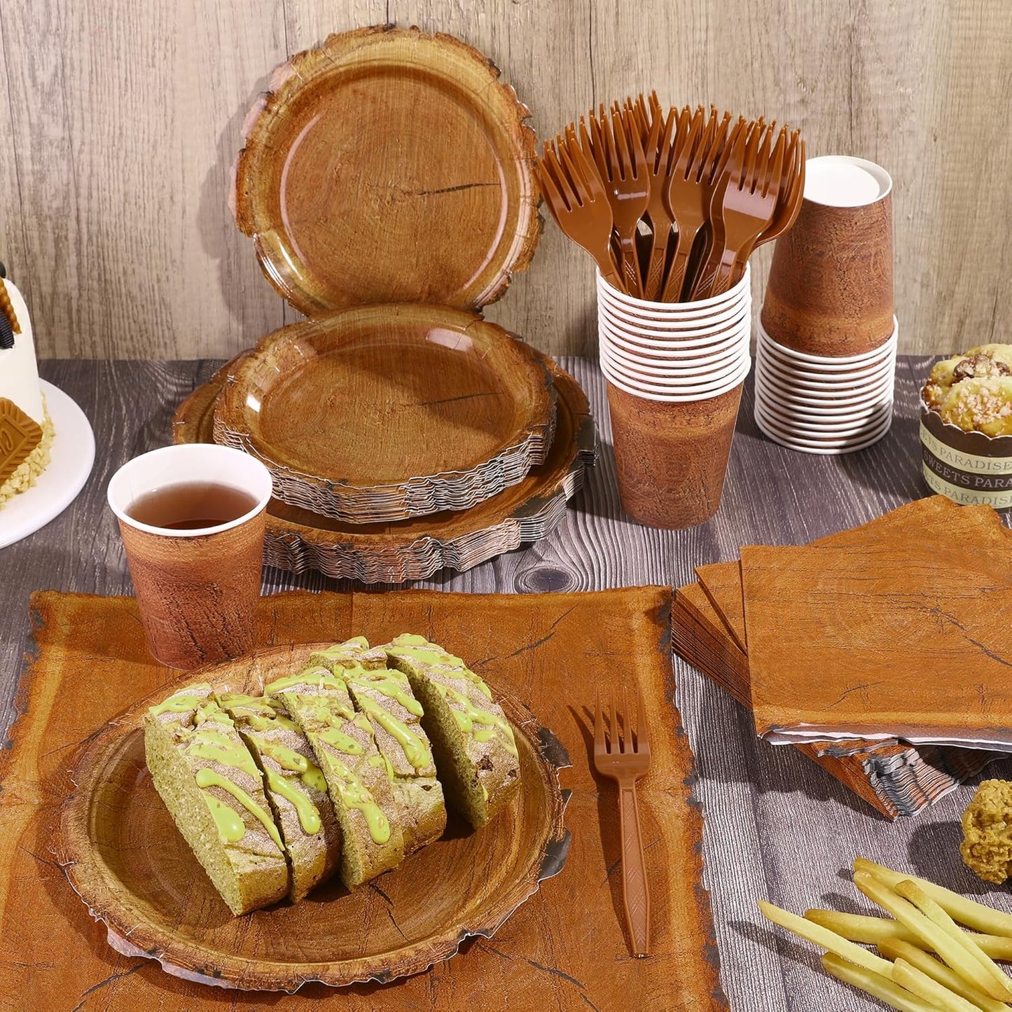 144 Pieces Camping Wood Grain Slice Tableware Sets Rustic Wood Party Decorations Paper Plates Napkins Cups Forks Serves 24 for Forest Themed Party Decorations Hunting Birthday Supplies